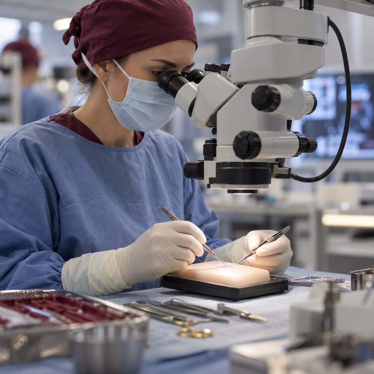 Cirujana practicando una técnica de microcirugía con microscopio